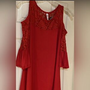 Women's Red Blouse by Emerald Hi Lo with Crochet Accents Cold Shoulder Size M